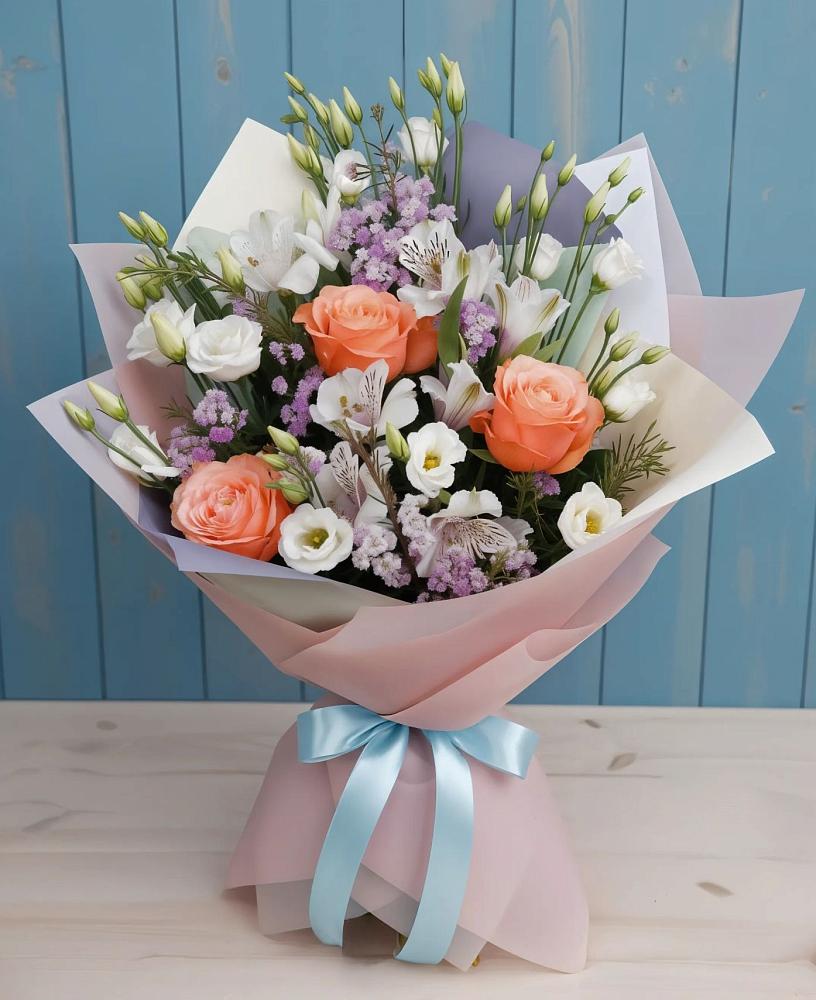 Букет цветов из: Лизиантусы, Розы, Альстромерии и Гипсофила в Воробьево