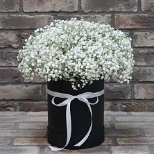 Цветочная композиция из Гипсофила в шляпной коробке в Воробьево