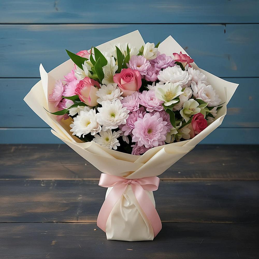 Букет цветов из: Хризантемы, Альстромерии и Розы в Воробьево